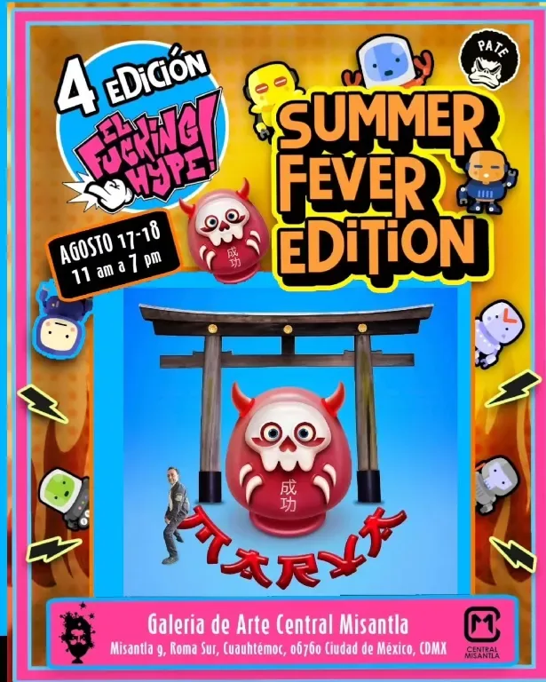 Cartel de la 4a edición Summer Fever de El Fucking Hype: un daruma rojo con cuernos bajo un torii japonés, en la Galería de Arte Central Misantla